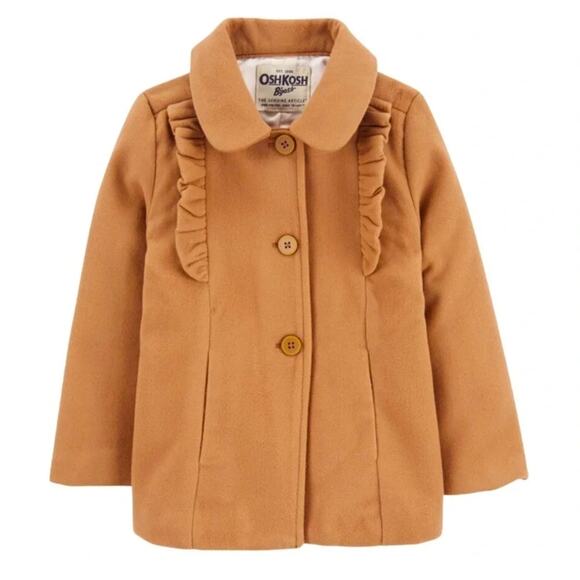 OshKosh B'gosh Baby Girl Knee Length Ruffle Pea Coat Camel - Size 18mn - Picture 1 of 9